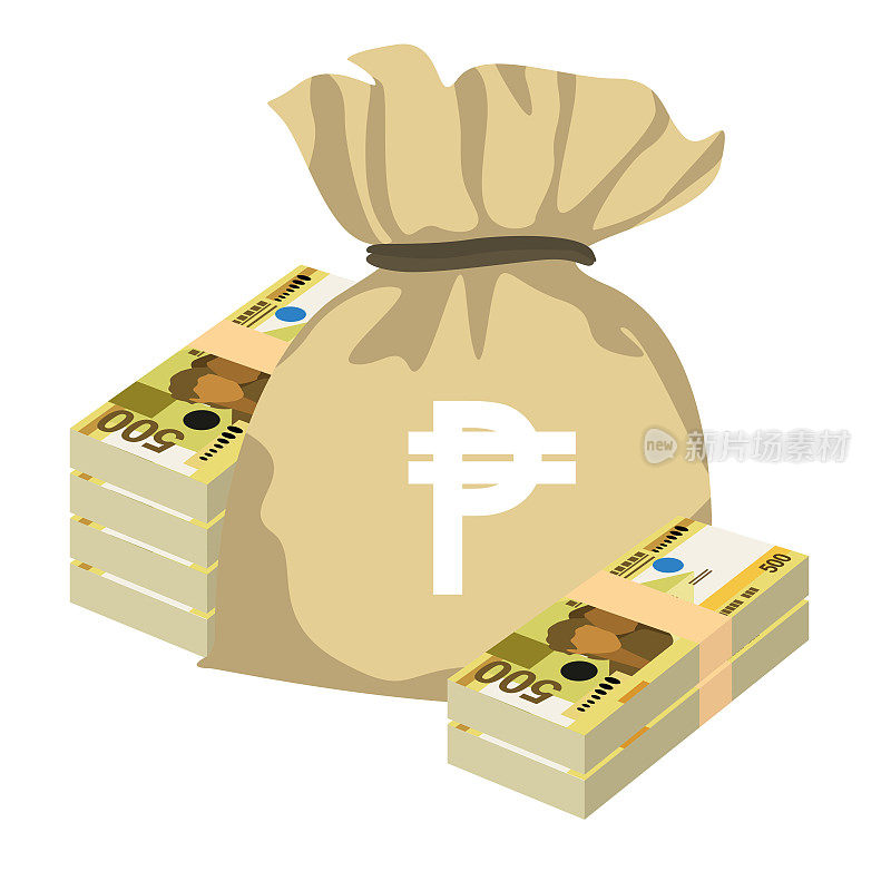 菲律宾比索矢量插图。菲律宾货币套装捆钞。钱袋500 PHP。平的风格。孤立的白色背景。简约的设计。